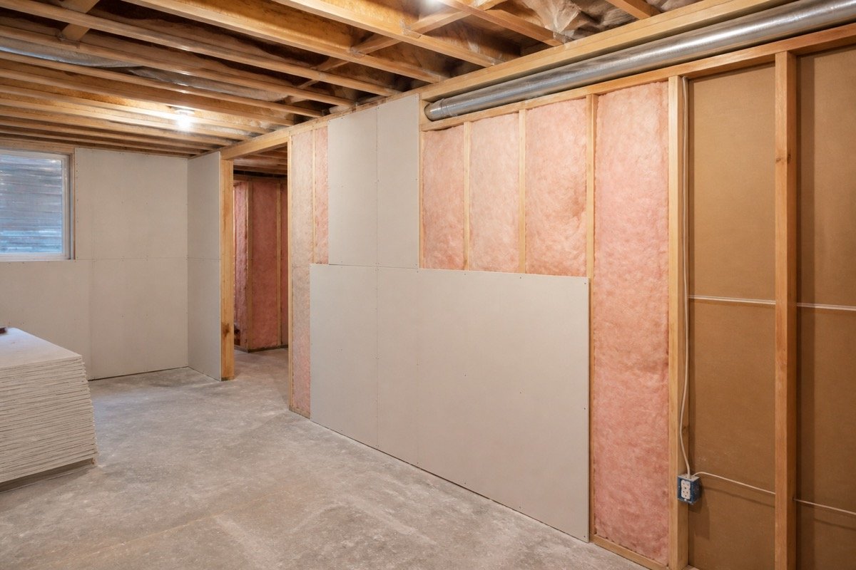 Basement renovation drywall and soundproofing — during