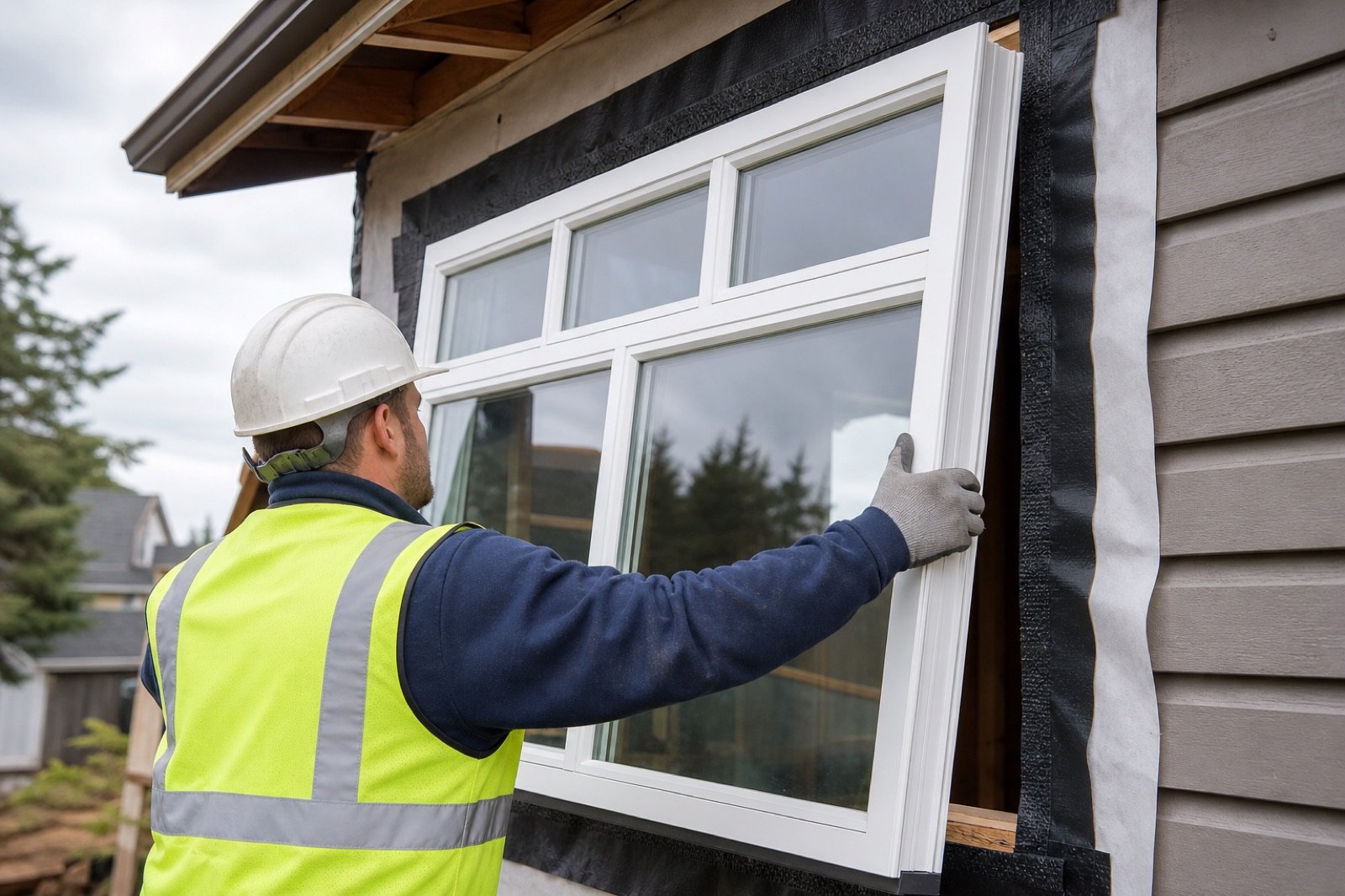 Worker installing a new window with proper flashing into a residential exterior wall